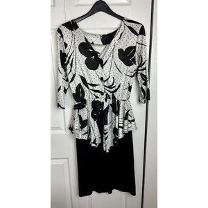 KR of NY Vintage 80’s Era 3/4 Sleeve Black and White Floral Peplum Dress Size 12